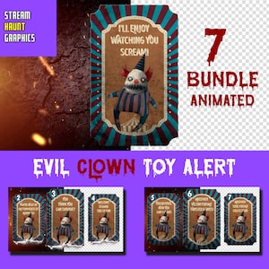 Puede incluir: Un conjunto de siete tarjetas digitales animadas que presentan un juguete de payaso espeluznante con una nariz roja y una sonrisa siniestra. Las tarjetas tienen un tema de circo vintage con rayas rojas, azules y blancas. El texto en las tarjetas dice "¡Disfrutaré viéndote gritar!" y "¡Otra víctima para mis juegos retorcidos!"
