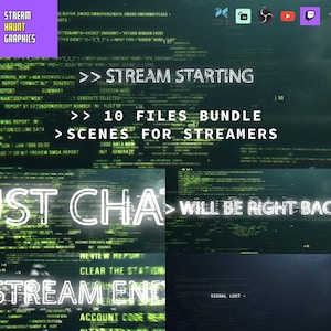 以下が含まれることがあります： 暗い背景とネオンの緑色のテキストを使用した、ストリーマー向けのデジタルグラフィック。テキストには「Stream Haunt Graphics」、「Stream Starting」、「10 Files Bundle」、「Scenes for Streamers」が含まれています。その他のテキストには「Just Chatting」と「Will Be Right Back」が含まれています。