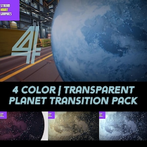 Puede incluir: Un paquete de 4 efectos de transición de planeta transparente en color para la edición de video. La imagen muestra un planeta azul con un patrón de nubes blancas, y 3 imágenes más pequeñas del planeta en diferentes colores: morado, dorado y azul.
