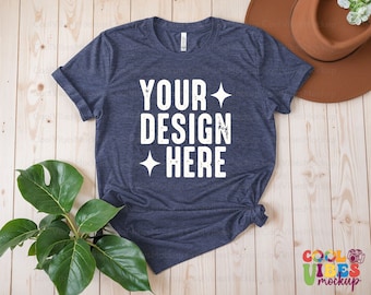 Maqueta de Bella Canvas 3001 Heather Navy, maqueta de camisa Heather Navy, maqueta de camiseta retro, maqueta de camiseta Bella Canvas, maqueta de 3001 Heather Navy