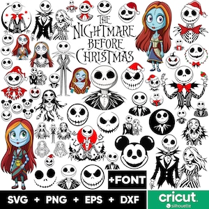 May include: A collection of black and white illustrations featuring Jack Skellington and Sally from the movie The Nightmare Before Christmas. The text "The Nightmare Before Christmas" is included in the image. The image also includes a Mickey Mouse illustration and the text "+FONT".