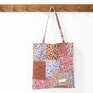 Colorful Floral Patchwork Cotton Canvas Tote Bag, Handmade Boho Fabric Shopper, Reusable Shopping Bag, Casual Everyday Tote, School Tote Bag
