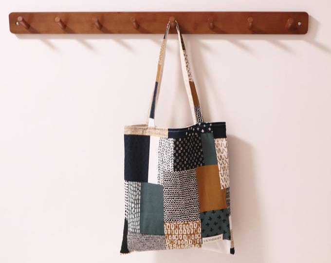 Brown Patchwork Cotton Canvas Tote Bag, Vintage-Inspired Shoulder Bag, Reusable Shopping Bag, Casual Everyday Tote, School Tote Bag