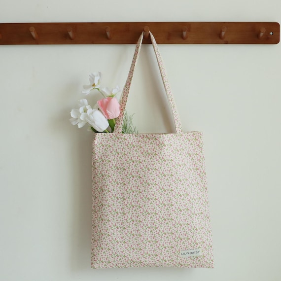 トートバッグ HEEARI [3rd reorder] Lily Ribbon Tote Bag Lily Ribbon Tote B Pink Floral Tote Bag, Travel Shoulder Bag, Reusable Shopping