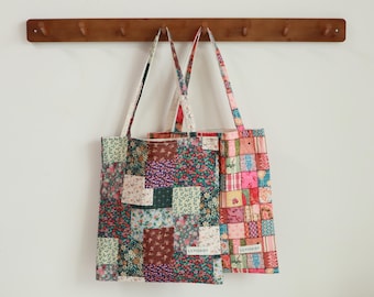 Patchwork Floral Cotton Tote Bag, Vintage Flower Bag, Quilted Shoulder Bag, Lightweight Casual Everyday Tote, School Tote Bag