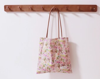 Pink Floral Cotton Tote Bag, 70s Vintage-Inspired Shoulder Bag, Reusable Shopping Bag, Casual Everyday Tote, School Tote Bag