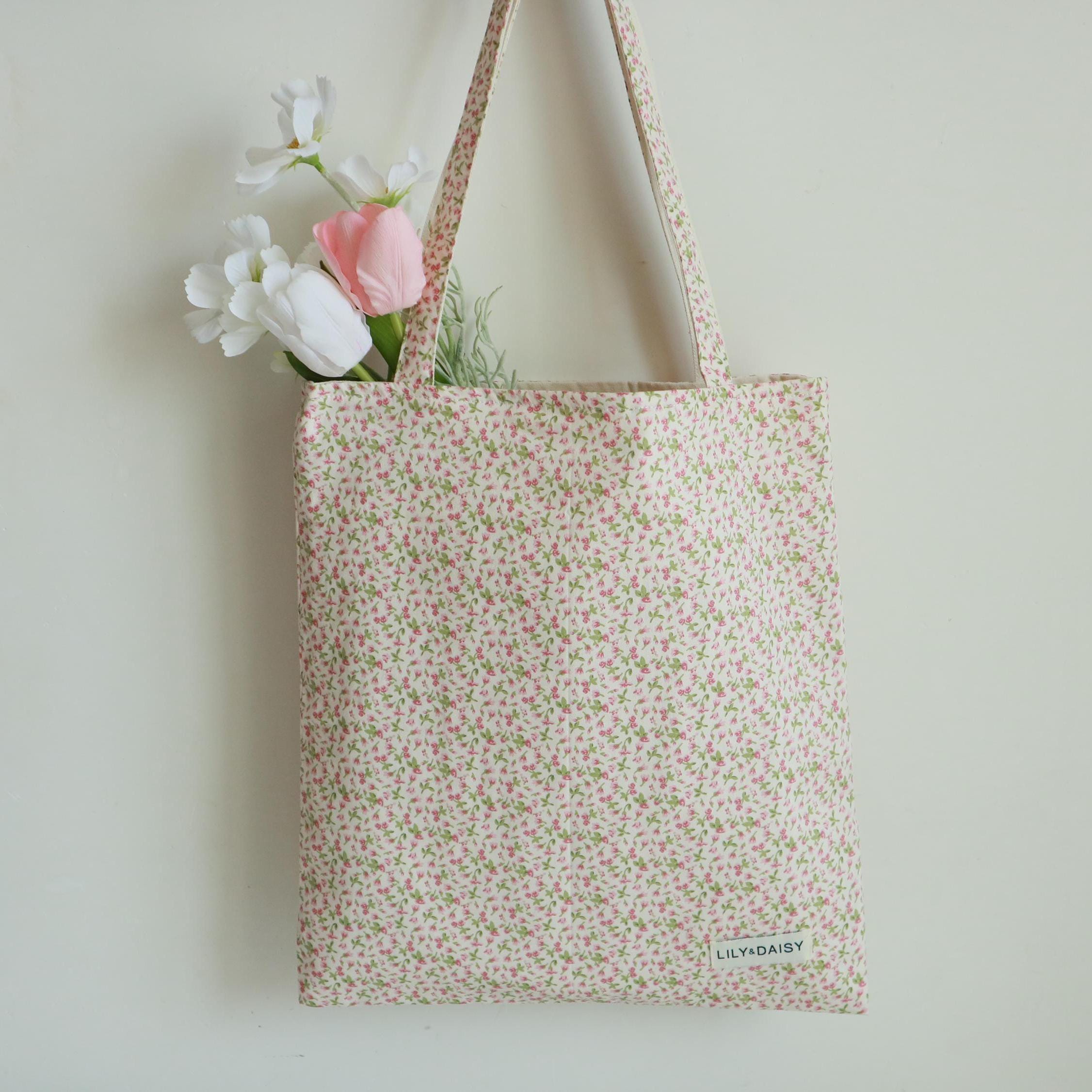 Pink Floral Tote Bag, Travel Shoulder Bag, Reusable Shopping