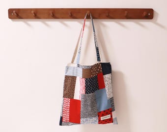 Red Patchwork Cotton Canvas Tote Bag, Vintage-Inspired Shoulder Bag, Reusable Shopping Bag, Casual Everyday Tote, School Tote Bag
