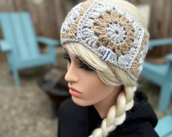 Soft Grey and Beige Accessory Headband Earwarmer Granny Square Flower