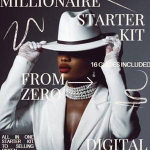 May include: A woman wearing a white suit and a white hat with a black band. The text "DAY1 MILLIONAIRE STARTER KIT FROM ZERO 16 GUIDES INCLUDED ALL IN ONE STARTER KIT TO SELLING DIGITAL PRODUCTS + RESELL RIGHTS DIGITAL WEALTH" is on the image. @Misswis.k is in the top right corner of the image.
