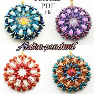 May include: Four beaded pendant designs, each with a different colour scheme. The pendants are round and feature a central starburst pattern. The designs are turquoise and gold, purple and silver, red and white, and teal and orange. The image includes the text "Tutorial PDF file" and "Alzira-pendant".