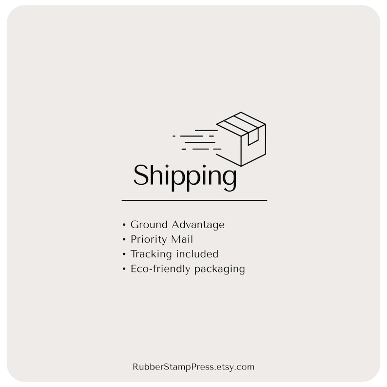 K&ouml;nnte beinhalten: Grafik mit dem Wort &bdquo;Shipping&ldquo; in schwarzer Schrift, begleitet von einer Strichzeichnung einer Box mit Linien, die Bewegung anzeigen. Darunter listen Aufz&auml;hlungspunkte Versandoptionen auf: Ground Advantage, Priority Mail, Tracking included und Eco-friendly packaging.