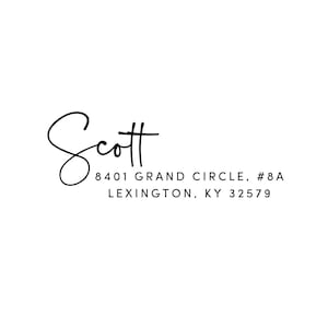 May include: Black and white handwritten name "Scott" with the address "8401 Grand Circle, #8A Lexington, KY 32579" underneath.