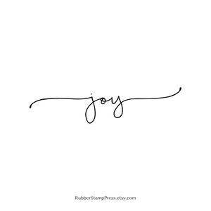 K&ouml;nnte beinhalten: Minimalistischer schwarzer Schreibschrift-Text auf wei&szlig;em Hintergrund mit dem Wort "joy". Das Wort ist in einer flie&szlig;enden, eleganten Schrift geschrieben. Der Etsy-Shop-Name "RubberStampPress.etsy.com" ist unten aufgedruckt.