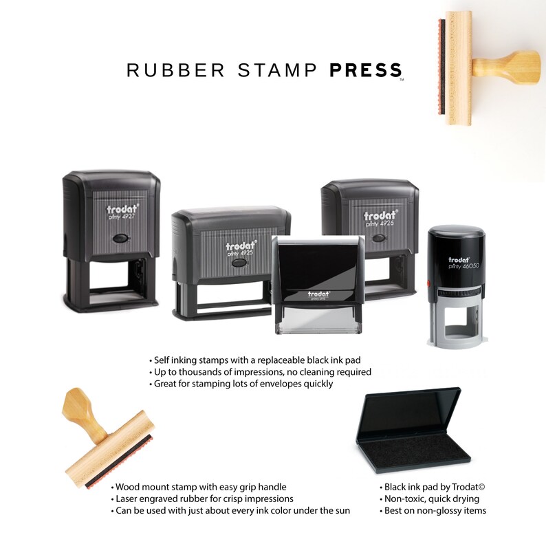 May include: A set of self-inking rubber stamps with black ink pads. The stamps are rectangular and feature the word "trodat" in white lettering. There is also a wooden mounted rubber stamp with a handle and a black ink pad.