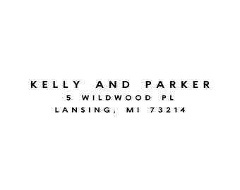 May include: Black and white text on a white background. The text reads "KELLY AND PARKER", "5 WILDWOOD PL", and "LANSING, MI 73214".