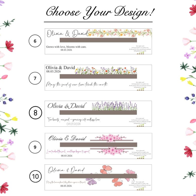 K&ouml;nnte beinhalten: Eine Auswahl an Hochzeitskarten-Designs mit Blumen- und Schmetterlingsillustrationen. Jedes Design zeigt die Namen "Olivia & David" und ein Datum, mit verschiedenen Zitaten. Der Text "W&auml;hlen Sie Ihr Design!" steht oben.