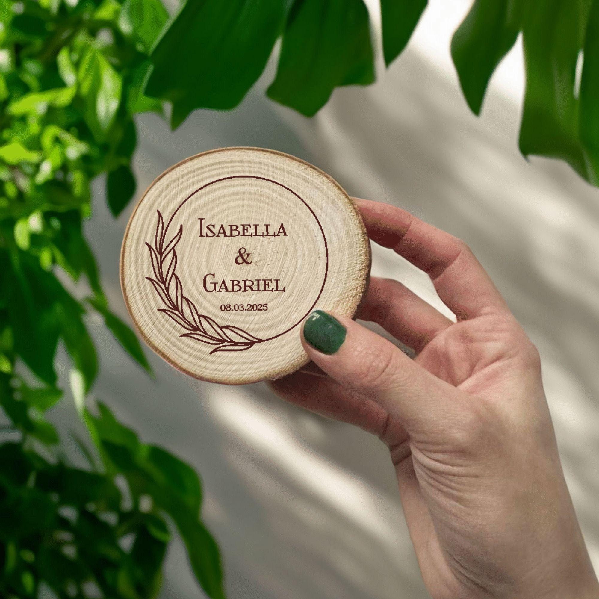 Personalized Rustic Wooden Wedding Favors – Custom Engraved Coasters with Names & Date Wood Slice