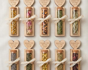 Personalized Herbal Tea Favors with Wooden Holder: Glass Tubes with Engraved Wood Tag