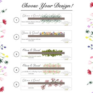 K&ouml;nnte beinhalten: F&uuml;nf Designoptionen f&uuml;r personalisierte Schreibwaren. Jedes Design zeigt ein horizontales Banner mit floralen oder botanischen Elementen, die Namen "Olivia & David" und ein Datum. Der Text "Choose Your Design!" steht oben.