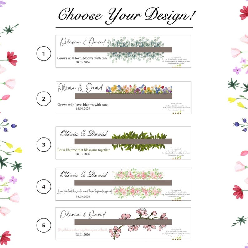 K&ouml;nnte beinhalten: F&uuml;nf Designoptionen f&uuml;r personalisierte Schreibwaren. Jedes Design zeigt ein horizontales Banner mit floralen oder botanischen Elementen, die Namen "Olivia & David" und ein Datum. Der Text "Choose Your Design!" steht oben.
