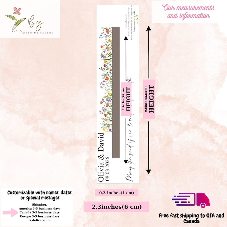 Hand holding up three packaged plantable pencils with bright colorful floral graphics for a spring bridal shower.