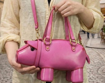 Genuine Leather Handbag Women Vintage Handmade Animal Pig Shape Shoulder Crossbody Bag Satchel Purse