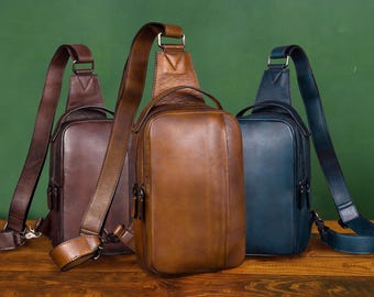 Schultertasche aus echtem Leder : Vintage handgemachte Schulter Crossbody Sling Rucksack Geldbörse