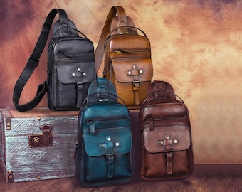 Genuine Leather Sling Bag Retro Handmade Over Shoulder Crossbody Bag Chest Purse