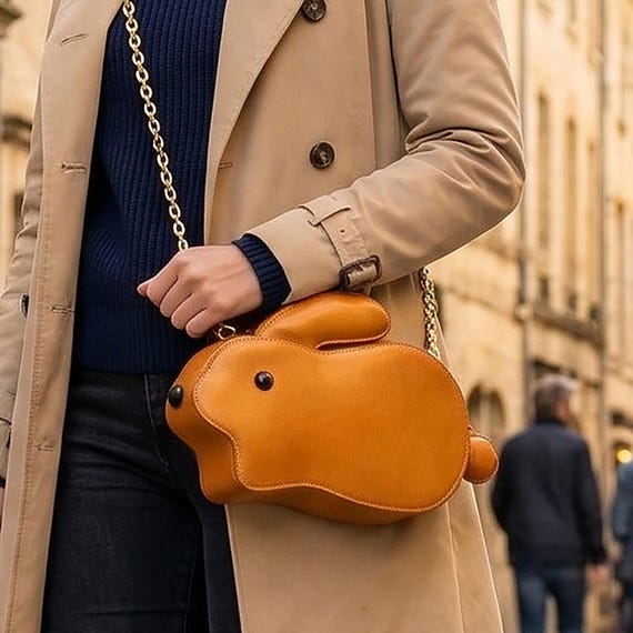 Genuine Leather Small Purse Women Animal Rabbit Shape Bag Handmade Bunny Shoulder Crossbody Bag