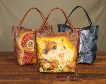 Bolso tote de cuero genuino pintado a mano para mujer, estilo vintage, grande, tipo hobo, bolso de hombro, cartera tipo satchel.