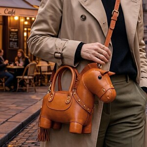 May include: A brown leather handbag shaped like a horse, featuring a shoulder strap and top handles. The bag has a detailed design with rivets and a tassel, and is carried by a person wearing a tan trench coat.