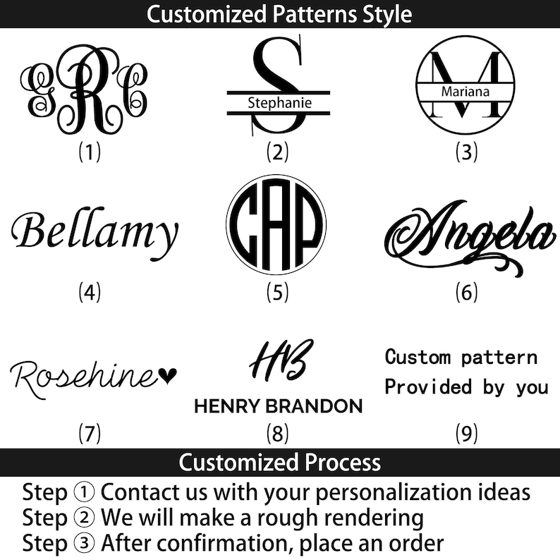 May include: Image showcasing various customized pattern styles, including monograms, names, and initials. The image also includes the text "Customized Patterns Style" and "Customized Process" with steps for ordering.