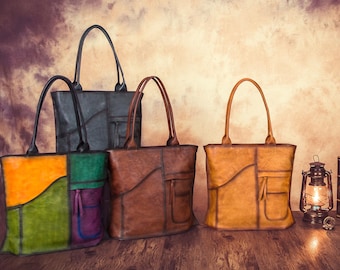 Vintage Handmade Genuine Leather Tote Bag Women Shoulder Bag Satchel Top Handle Purse Handbag