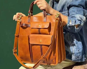 Genuine Leather Briefcase Men and Women, Vintage Laptop Tote Purses Handbags