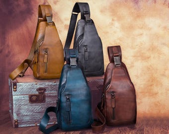 Echtleder Sling Bag für Herren Vintage Handmade Brust Geldbörse Over Schulter Crossbody Bag