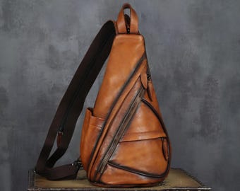Genuine Leather Sling Bag Vintage Handmade Over Shoulder Crossbody Chest Sling Backpack Purse