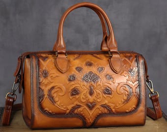 Genuine Leather Handbag Women Shoulder Crossbody Bag Handmade Embossed Leather Top Handle Satchel Purse