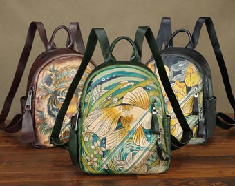 Hand Painted Vintage Genuine Leather Backpack with Rivet Accents Women's Rucksack Bag