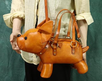 Genuine Leather Purse Handbag Women Handmade Dog Shape Purse French Bulldog Shoulder Crossbody Bag
