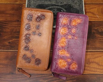 Genuine Leather Wallet Women Vintage Handmade Zip Purse Coin Card Holder Money Clip