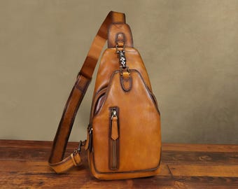 Genuine Leather Sling Bag: Vintage Handmade Over Shoulder Crossbody Bag Chest Backpack Purse