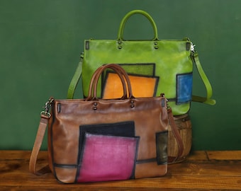 Vintage Handmade Genuine Leather Handbag Women Western Style Top Handle Shoulder Crossbody Bag