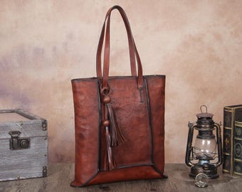 Vintage Handmade Leather Large Tote Bag Women Top Handle Shoulder Bag Satchel Purse Handbag