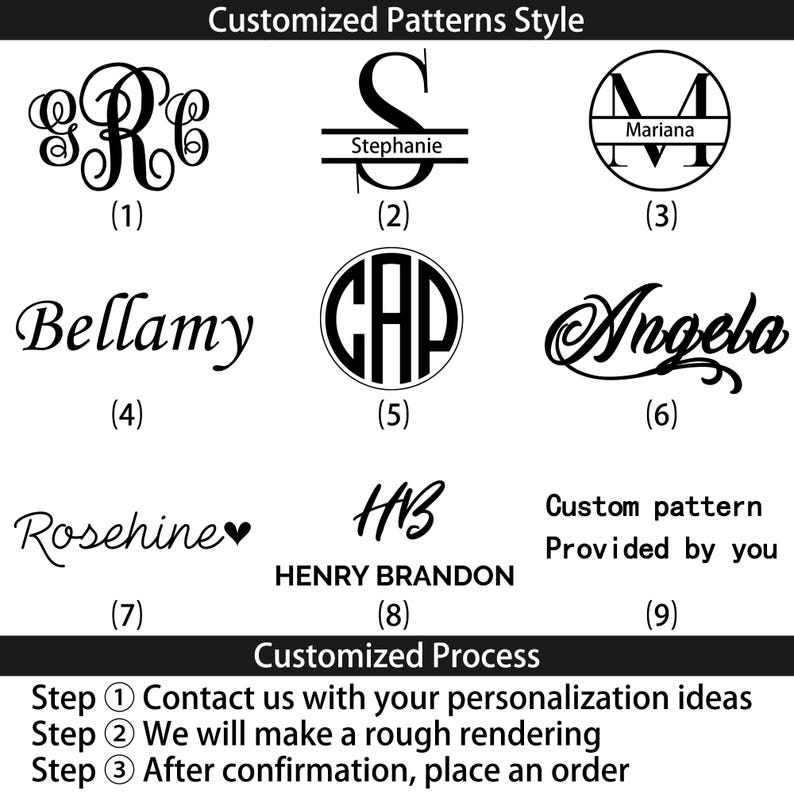May include: Image showcasing various customized pattern styles, including monograms, names, and initials. The image also includes the text "Customized Patterns Style" and "Customized Process" with steps for ordering.