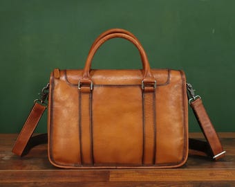 Genuine Leather Satchel Bag: Retro Business Briefcase, Laptop Shoulder Purse Handbag