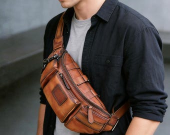 Genuine Leather Fanny Pack: Vintage Sling Backpack Purse,Leather Hip Bum Waist Bag