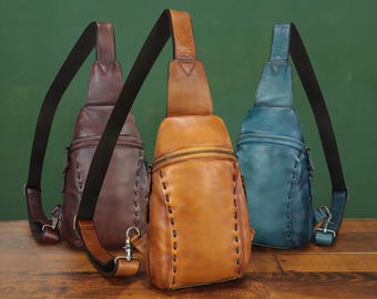 Genuine Leather Sling Bag Women and Men Vintage Handmade Sling Backpack Crossbody Chest Purse