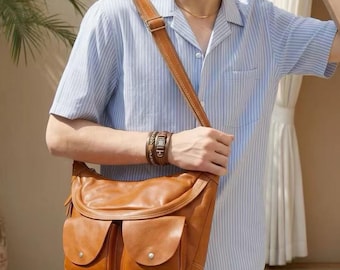 Genuine Leather Messenger Bag Men Full Grain Leather Crossbody Shoulder Satchel Purse