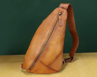 Vintage Handmade Genuine Leather Sling Bag Women and Men Crossbody Chest Backpack Purse